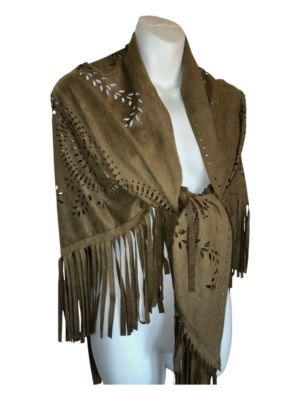 Liza Byrd Shawl, One Size, Olive Green Laser-Cut, Suede-Look, Cotton blend. EUC